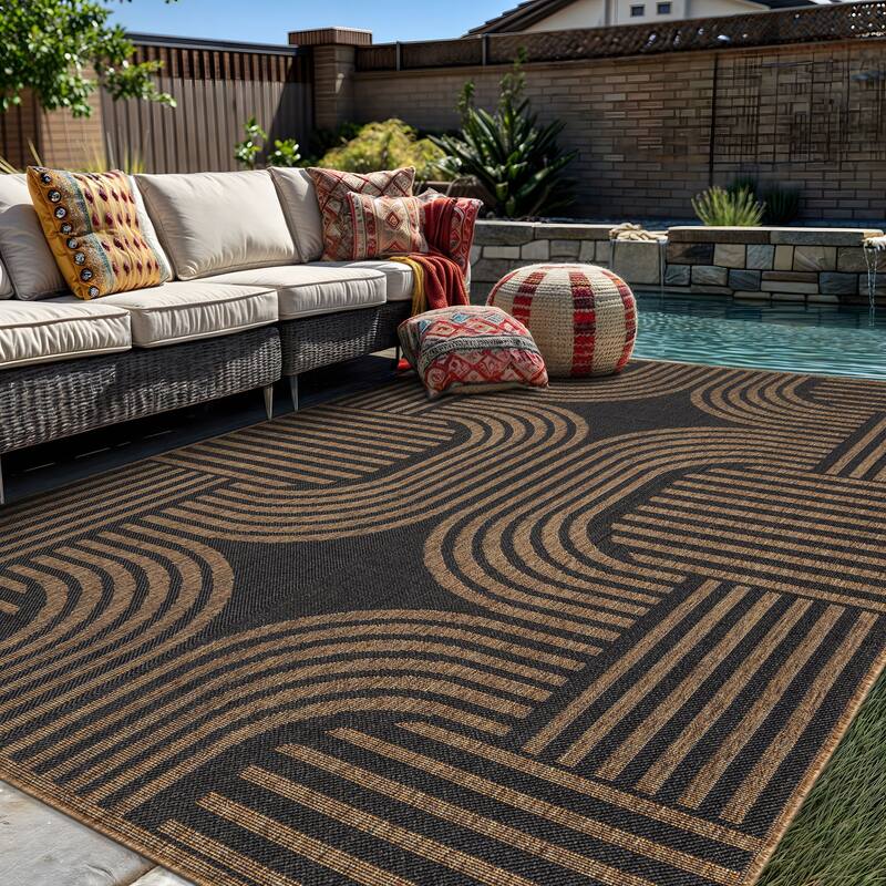 World Rug Gallery Geometric Indoor/Outdoor Flat Woven Area Rug - Natural Jute-Style, Easy-Care Patio Rug for Balcony Patio Deck - Dark Gray - 5' x 7'