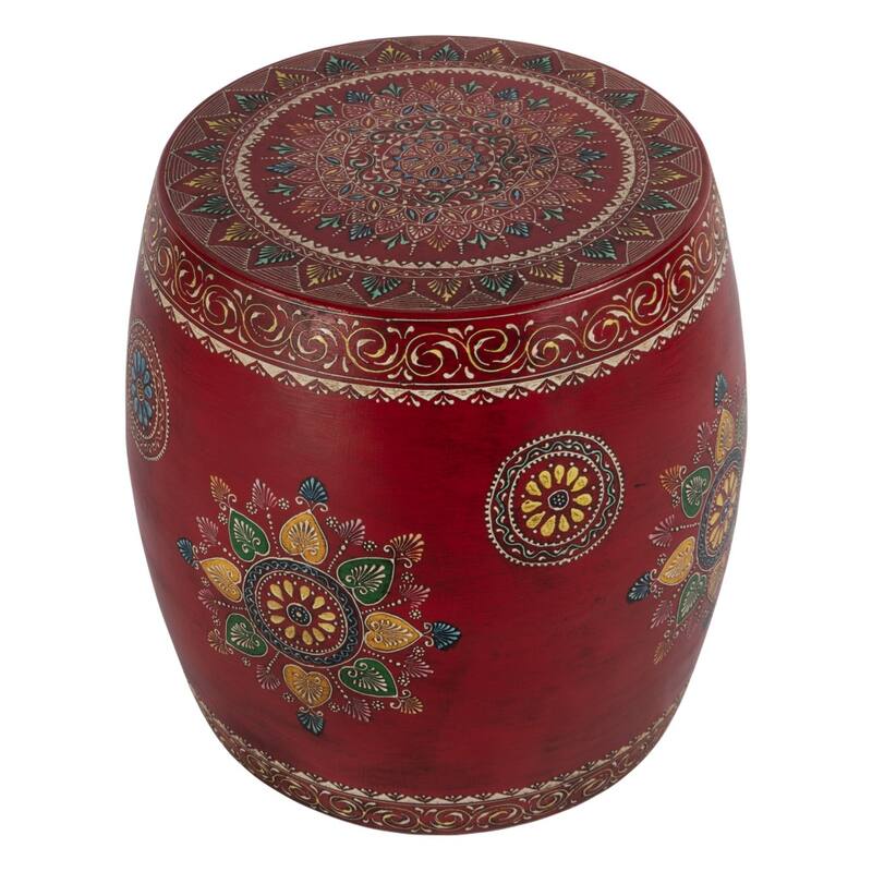 HomeRoots 18" Red Iron Hand Painted Floral Round Drum End Table - 17.00 in. x 18.00 in. x 17.00 in.