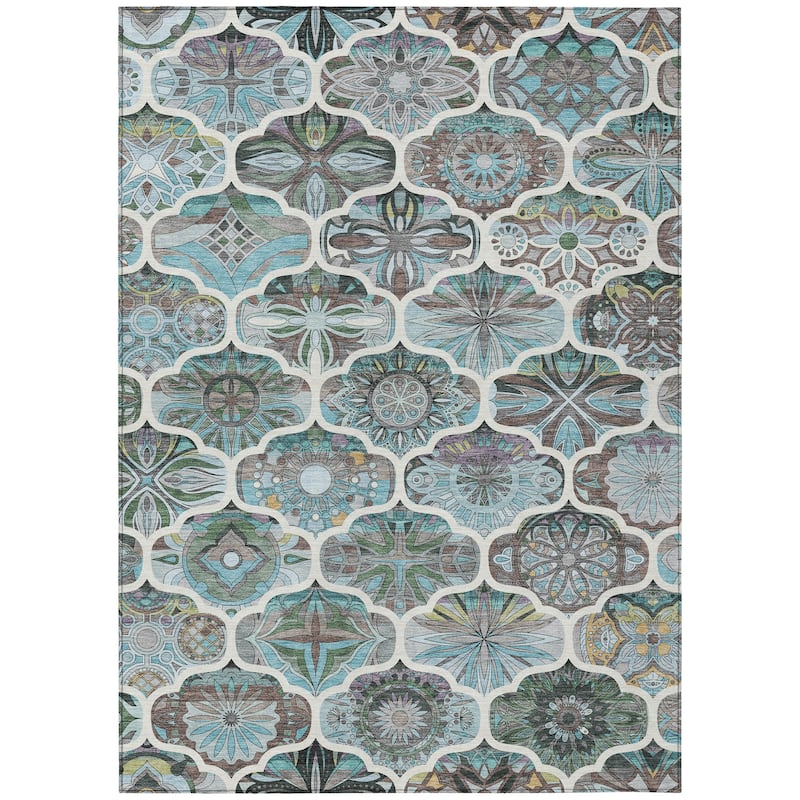Machine Washable Indoor/ Outdoor Trellis Mosaic Chantille Rug
