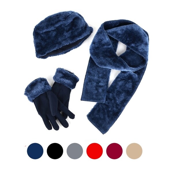 Women's Plush Faux Fur and Fleece 3 Piece gloves scarf Hat Winter Set ...