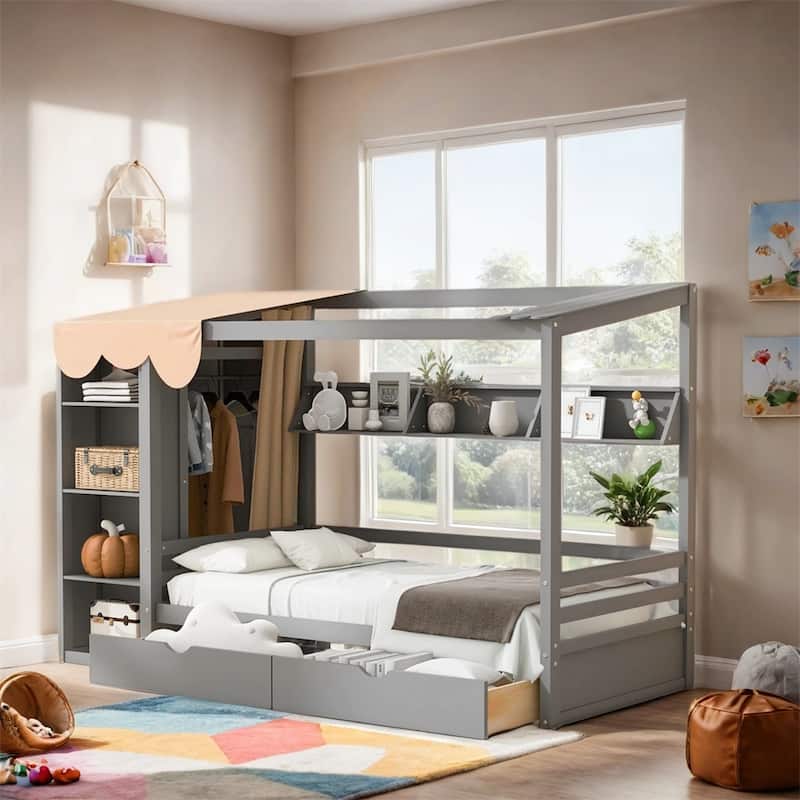 Twin size House Bed with Two Drawers and Wardrobe
