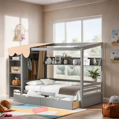 Twin size House Bed with Two Drawers and Wardrobe