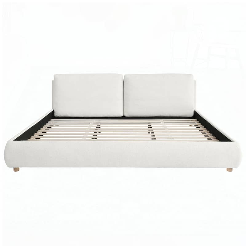 Boucle Fabric Upholstered Platform Bed with Two Removable Pillow Headboard