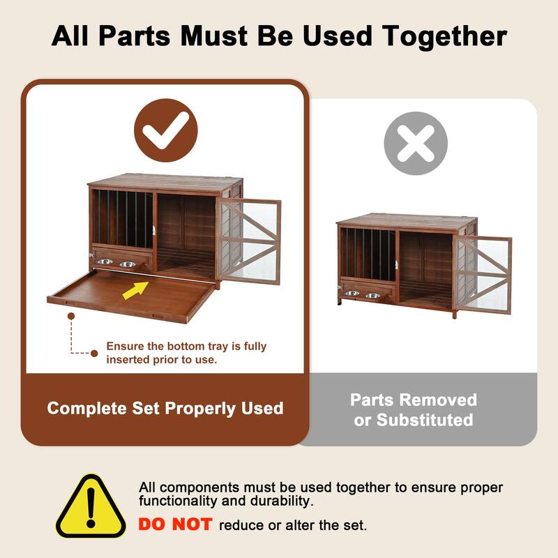 43" Solid Wood Dog Crate Furniture, Foldable Indoor Kennel with 360 Rotating Feeder for Small & Medium Dogs