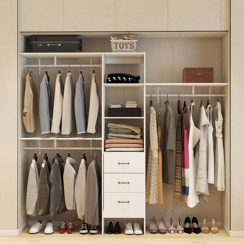 96" White Walk-In Closet System: 3 Shelves, 3 Rods, 3 Drawers,, Organizer - White