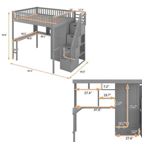 dimension image slide 2 of 3, Full Size Wood Loft Bed with Bookshelf, Stairs Drawers, Desk and Wardrobe with Top Bunk with Full Length High Guardrails