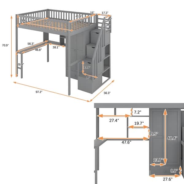dimension image slide 0 of 3, Loft Bed with Bookshelf,Drawers,Desk,and Wardrobe