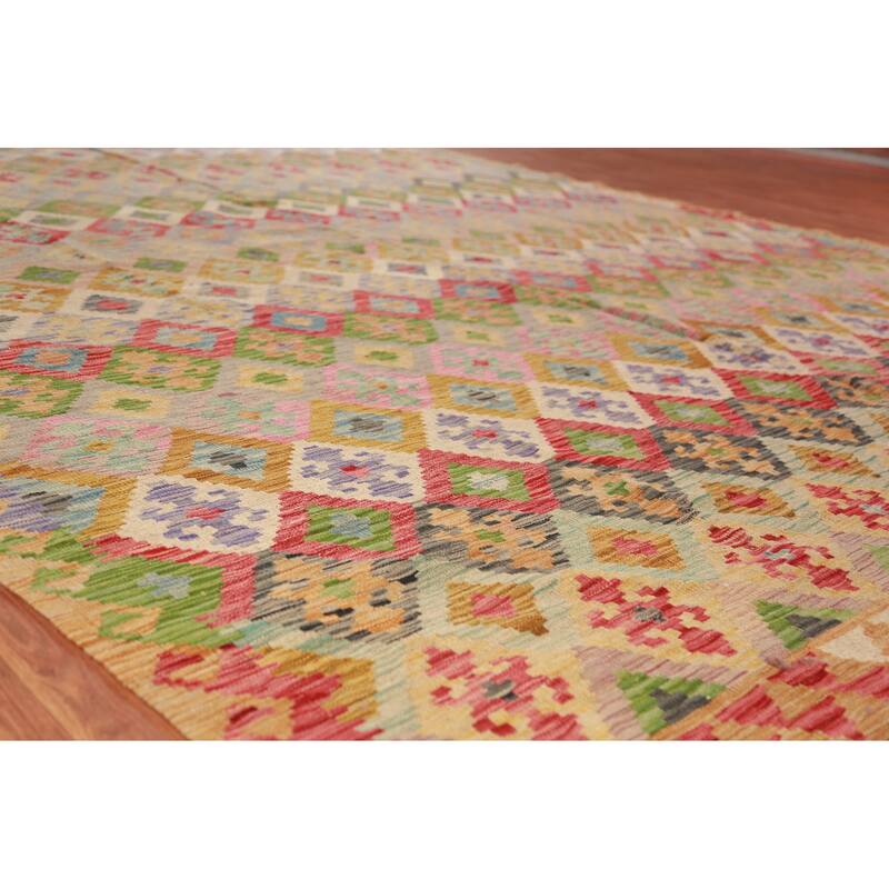 Geometric Kilim Oriental Large Rug Multi-Color Flatweave Wool Carpet - 10'3"x 15'10"