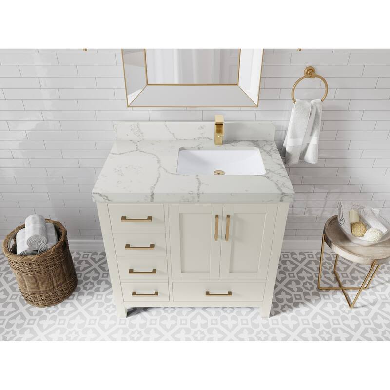 Willow Collections 36 in. W x 22 in. D Malibu Right Offset Sink Bathroom Vanity with Countertop - 2" Venatino - FineGrain