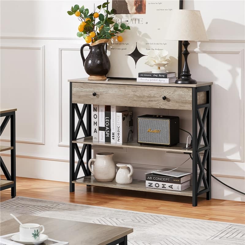 Yaheetech Vintage Wooden Console Table with Power Outlet Sofa Table with 1 Drawer and 2 Open Shelves