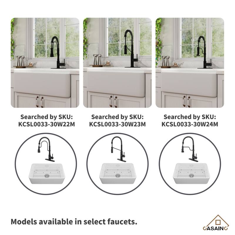 Farmhouse/Apron-Front Single Bowl Fireclay Kitchen Sink with 3-Function Pull-Down Faucet, Bottom Grid, and Basket Strainer