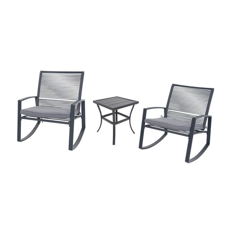 Domi Outdoor 3-Piece Wicker Rocking Chair Set, Patio Conversation Set with Removable Textilene Cushions & Metal Coffee Table