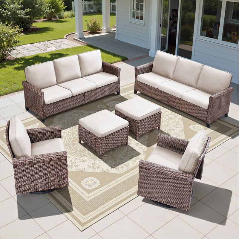 Pocassy Outdoor Sofa Swivel Chairs Patio Chair Funiture Set - 6PCS Sofa Swivel Chair w/ Ottoman - Brown Wicker Blue Cushion