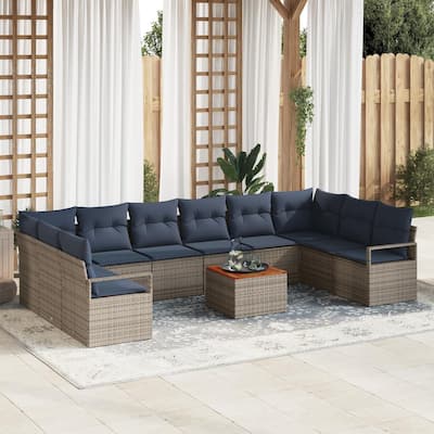 vidaXL 11 Outdoor Sofa Set with Cushions Black/Grey Poly Rattan - 135.4 x 69.7 x 27.2
