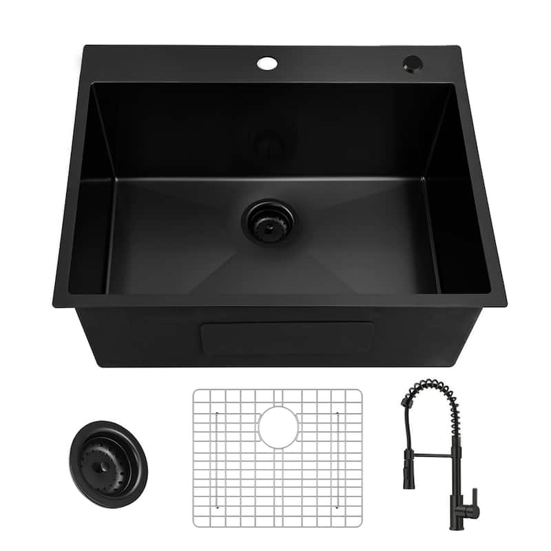 25 inch Drop-in Single Bowl Kitchen Sink, 18 Gauge Stainless Steel Kitchen Sink, Handmade Topmount Sink - Black
