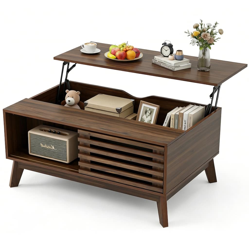 35.4"Lift Top Coffee Table with Storage, Mid Century Modern Coffee Table with Slatted Sliding Door and Hidden Compartment