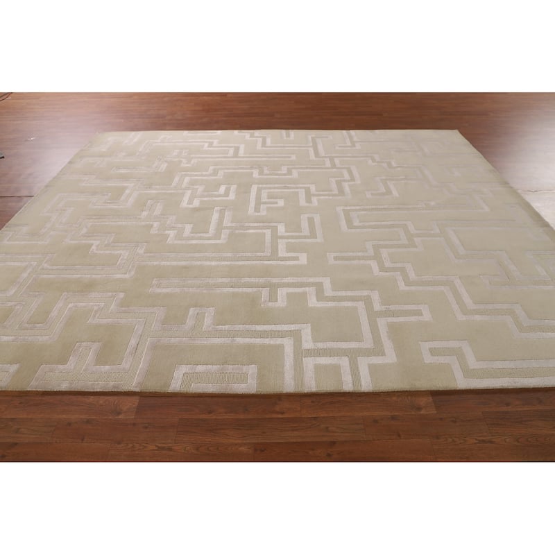 Geometric Nepalese Oriental Area Rug Handmade Wool Carpet Beige - 8'1" x 9'11"