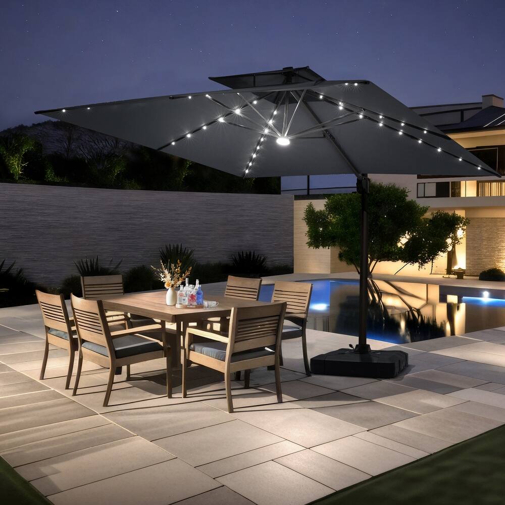 Pellebant 11X11 FT Outdoor Square Cantilever Patio Umbrella Solar LED Lighted with Wheel Base
