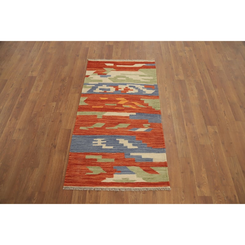 Hand Woven Oriental 100% Wool Carpet Southwestern Modern Oranges & Rust Kilim Area Rug - 4' 0'' X 2' 0''