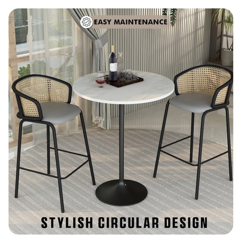 LeisureMod Verve Round Bar Dining Table with White Resin TableTop and Black Steel Base for Kitchen & Dining Room