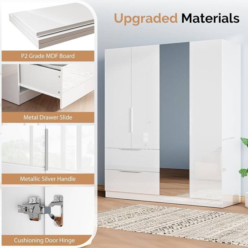 Armoire 4 Doors 2 Drawers with Full-length Mirror Door with High Gloss Paint