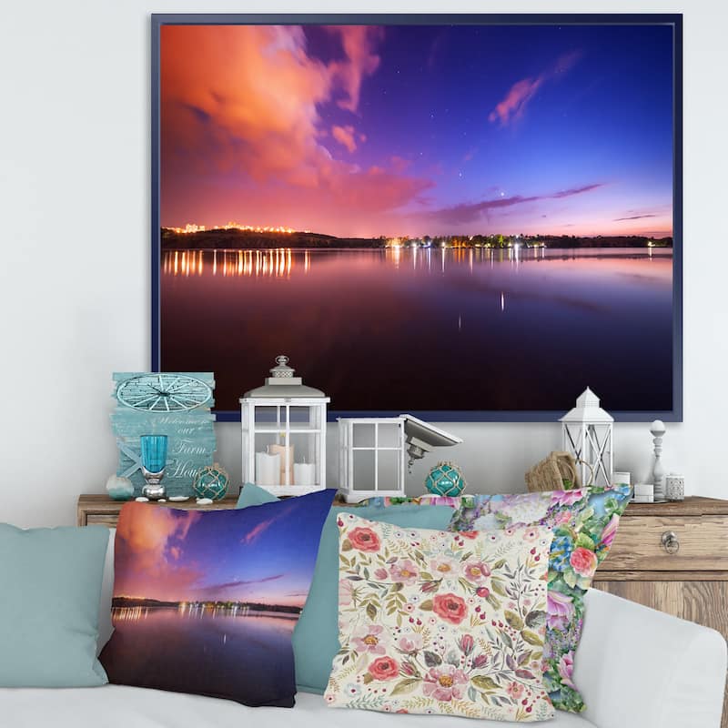 Designart "Night Sky Reflection in River" Landscape Photography Framed Canvas Print