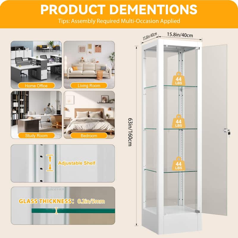 4-shelf Glass Curio Display Cabinet with Doors, RGB Light & Adjustable Storage Shelves - 63"H x 15.8"W x 15.8"D