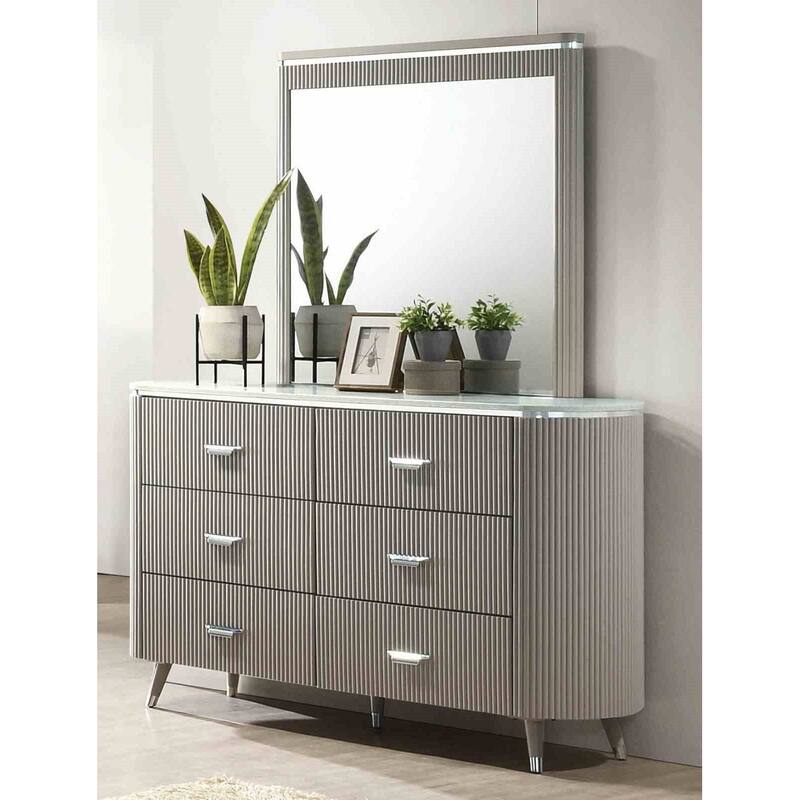 Modern Contemporary Light Gray 4 Pc Bedroom Set Upholstered Bed Nightstand Dresser Mirror