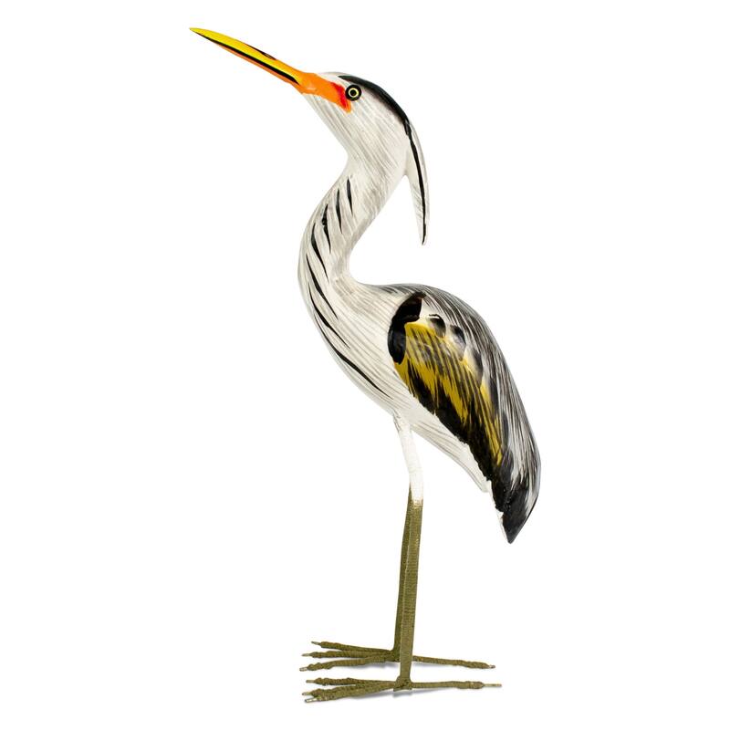 Wood Great Blue Heron Figurine - Hand Carved Coastal Bird Sculpture, Elegant Wading Bird Decor - 11" tall x 6" wide x 2.2" deep - 11" tall x 6" wide x 2.2" deep