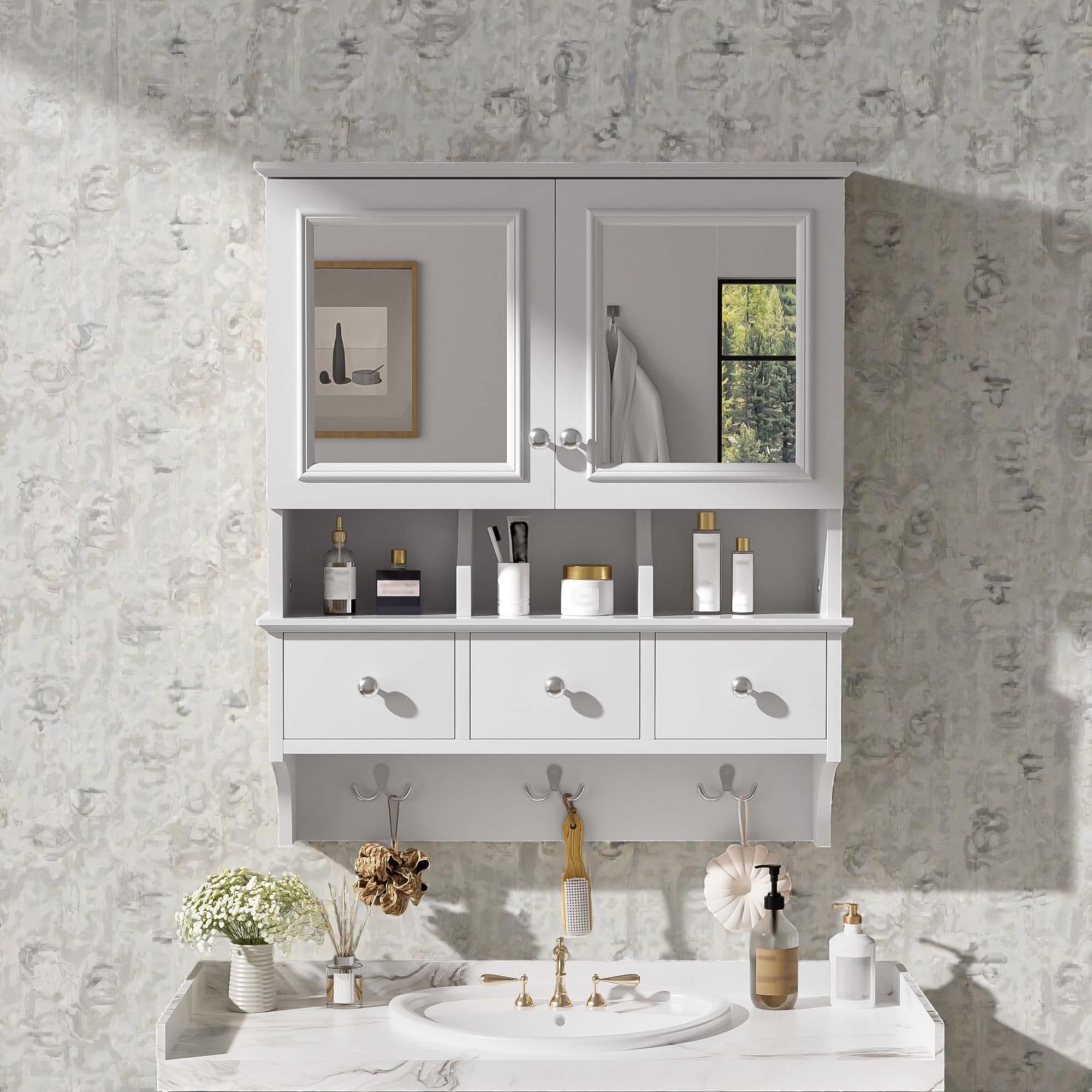 24 Inch 4-in-1 Wall Mounted Medicine Cabinet with Mirror, Drawers and Hooks, Bathroom Storage Organizer