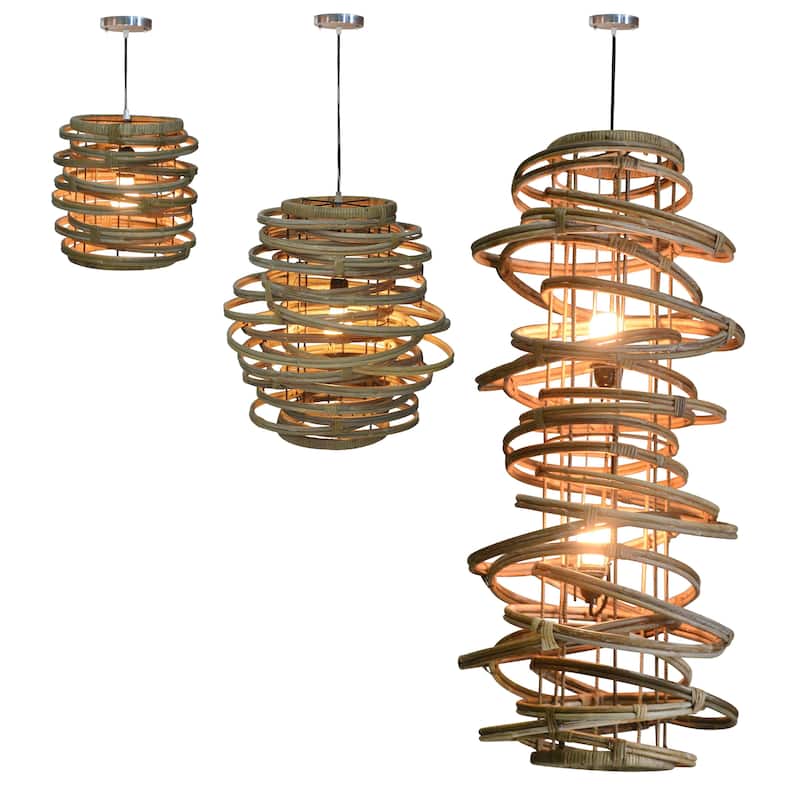Ralley Iron and Rattan Hanging Pendant Light, Medium Brown
