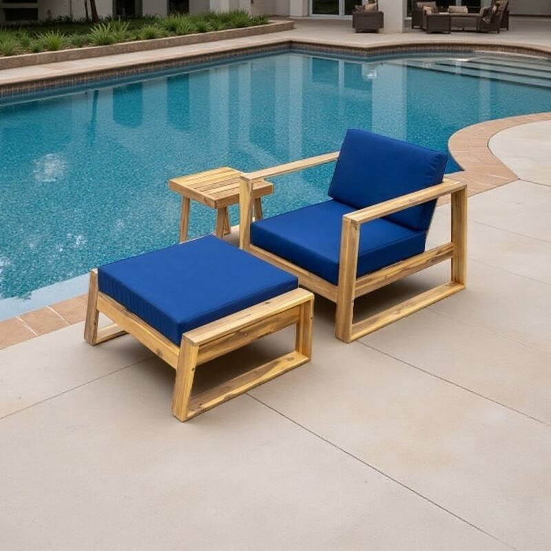 Outdoor Lounge Chair and Ottoman Set with Acacia Wood Frame and Cushions, Relaxing Patio Seating - Natural+ Blue