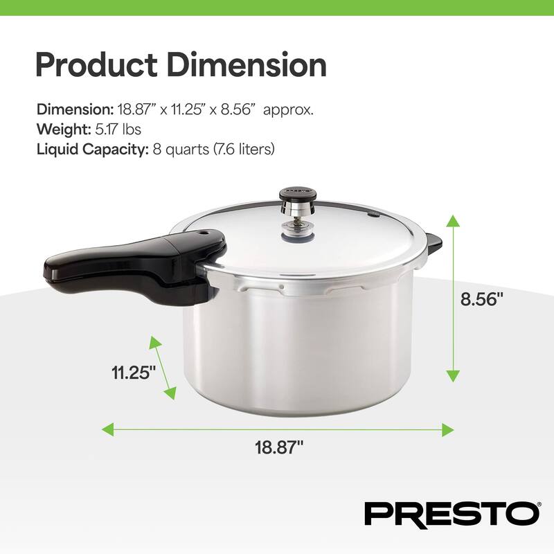 Presto 01282 8 Quart Aluminum Pressure Cooker, Regulator & Cover Lock, Silver