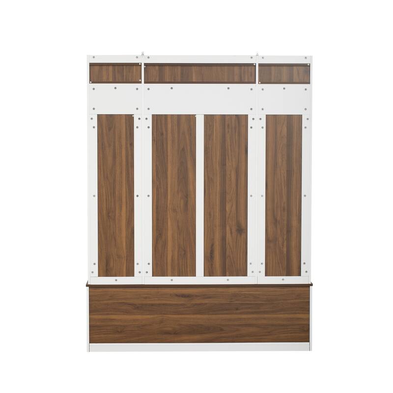 Entryway Bench with Coat Rack, 7 Hooks, 2 Drawers, Adjustable Shelves & Metal Handles for Hallway, Entryway & Living Room