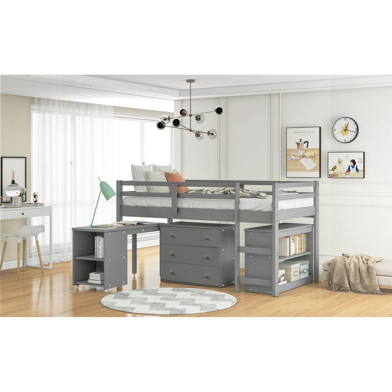 Gray Multiple Functions Twin Low Loft Bed with Cabinet, Shelves and Rolling Portable Desk