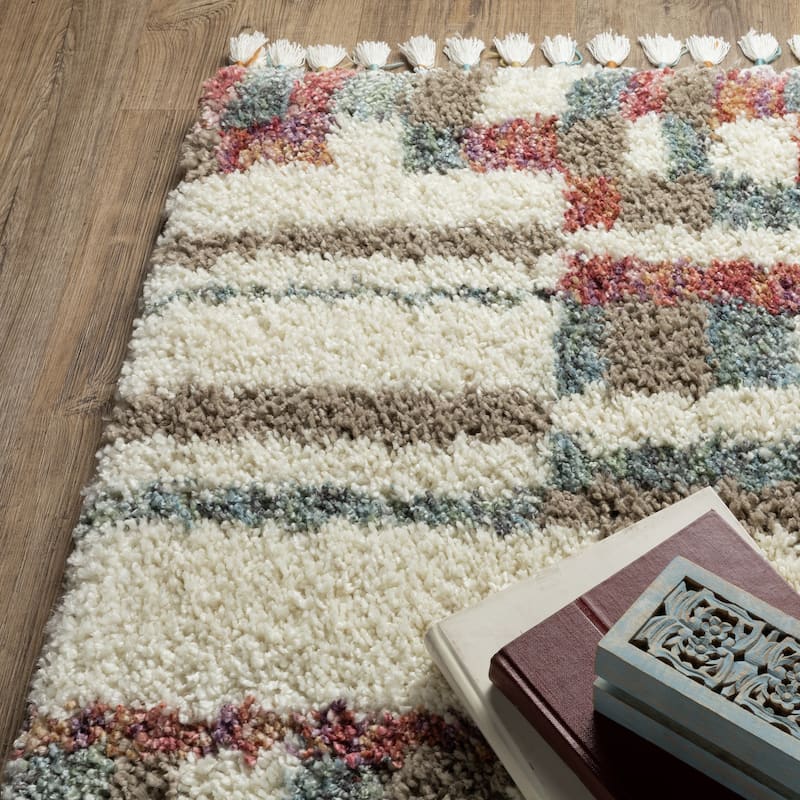 Style Haven Aire Abstract Stripe Ivory/ Multi Shag Tassel Fringe Area Rug.