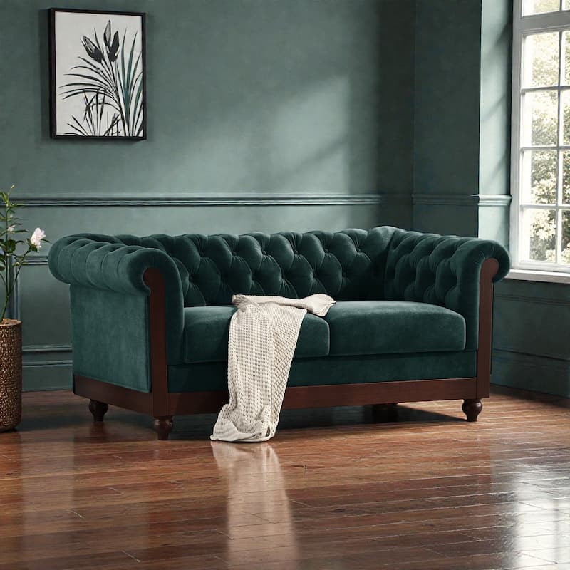 59.44" Chesterfield Velvet Loveseat, 2-Person Rolled Arm Tufted Sofa Couch with Plush Upholstery for Living Room & Small Spaces - Dark Green