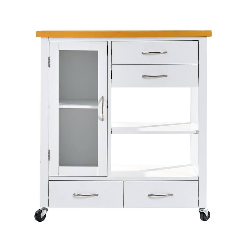 Anmytek Multifunctional Rolling Kitchen Island Cart Walnut Wood Top Storage Cabinet with Drawers Towel Bar White