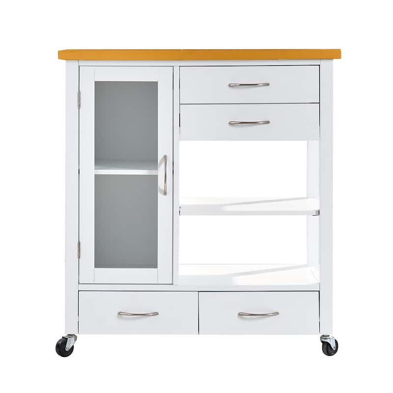 Kitchen Island Cart with walnut wood Top, Rolling Storage Cabinet on Wheels with Drawers, Sideboard Buffet with Towel Bar, White