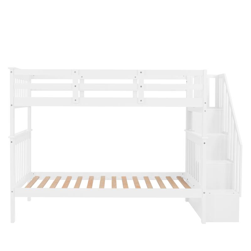 Stairway Twin-Over-Twin Bunk Bed with Storage Shelves and Guard Rail, Convertible Design
