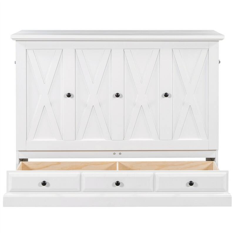 Solid Pine Murphy Bed Chest Cube Cabinet Bed with Charging Station and Large Storage Drawer, Full/Queen Size Murphy Bed Cabinet