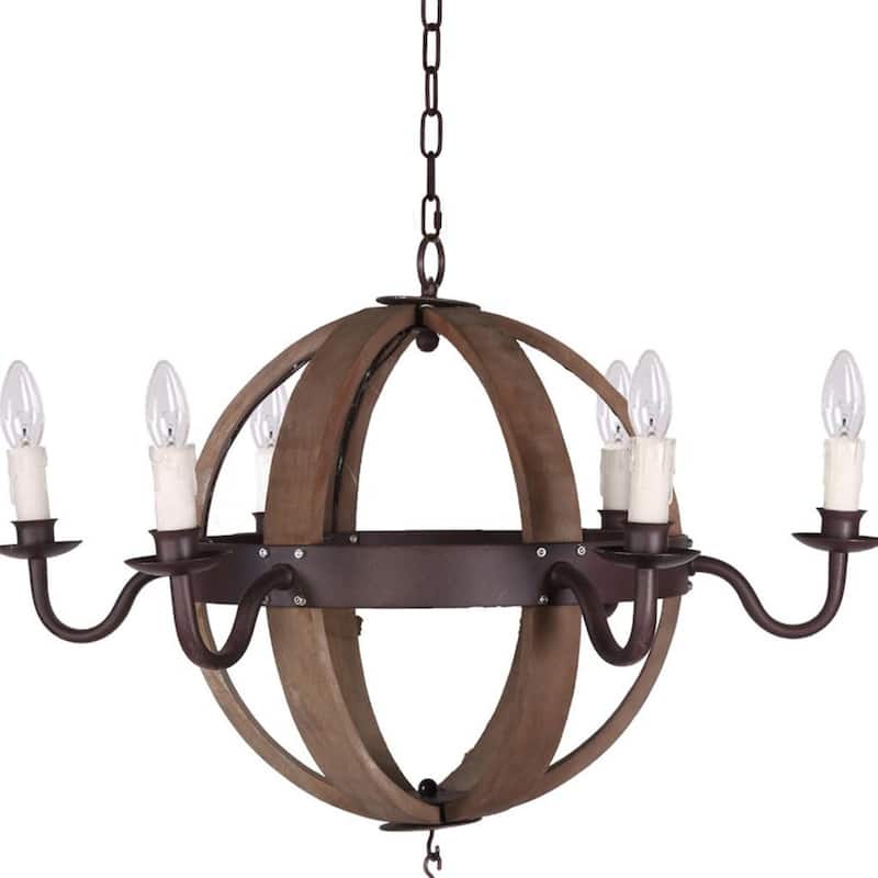 HomeRoots Brown And Black Wood and Metal Sphere Six Light Dimmable Chandelier - 25.00' X '30.50' X '30.50