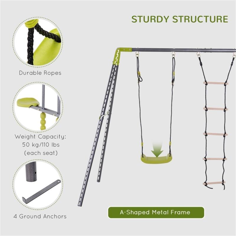 Grey-Green Metal A-Frame Outdoor Swing Set with Glider and Rope Ladder - 84.75"/116.25" L x 54.25" W x 69" H