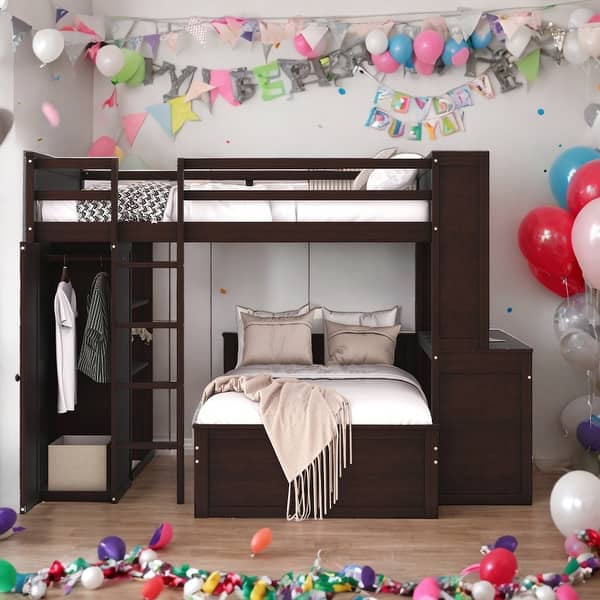 slide 2 of 27, Modern Full size Loft Bed With Twin Size Stand-alone Bed,Shelves,Desk And Wardrobe,Versatile Use Espresso