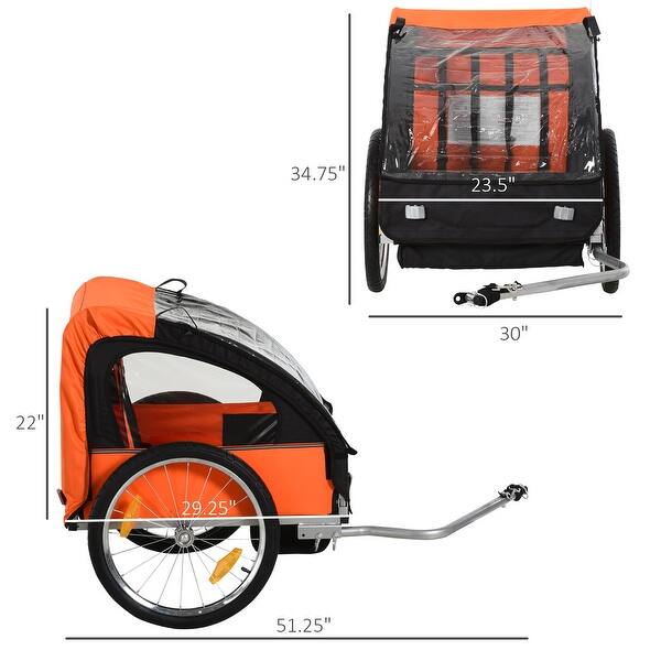 dimension image slide 1 of 2, Aosom 2-Seat Kids Child Bicycle Trailer with a Strong Steel Frame, 5-Point Safety Harnesses, & Comfortable Seat