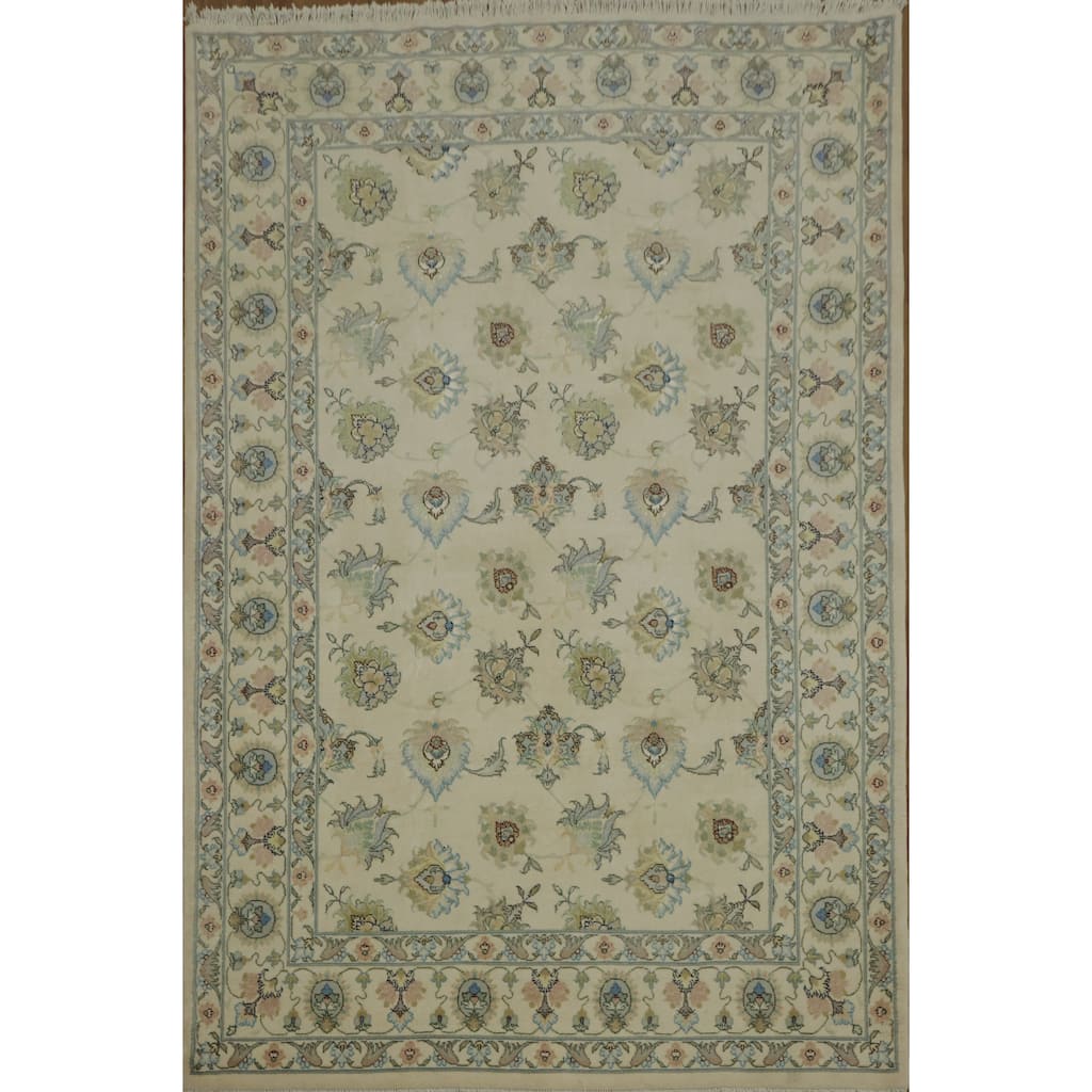 Hand Knotted Oriental Wool & Silk Carpet Traditional All-Over Beige & Ivories Tabriz Area Rug - 9' 5'' X 6' 3''