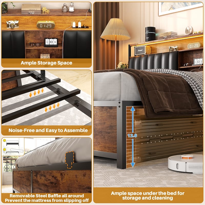 Upholstered Bed Frame with Storage Shelving, Platform Beds with Charge Station and LED Lights