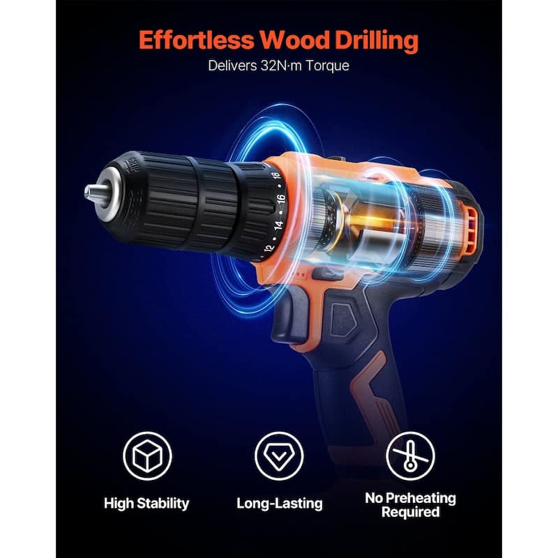 2000mAh Cordless Drill Driver with All-Metal Chuck Dual-Speed 0-1500RPM for DIY Projects - 7.68" x 2.87" x 8.66"