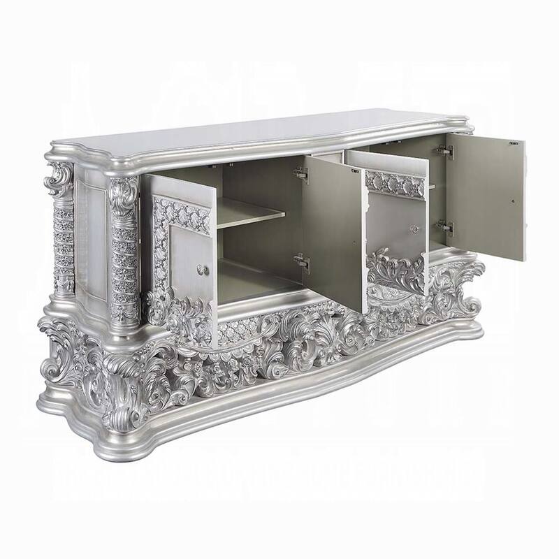 Vera Sideboard Buffet Console, 79 Inch 4 Doors, Platinum Floral Scroll