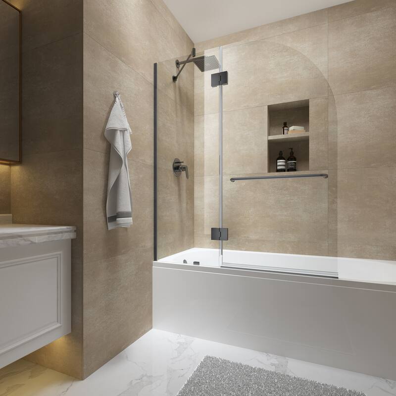 FELYL 48-inch Hinged Frameless Tub Door with Heat Soaking Process and Protective Coating Clear Glass